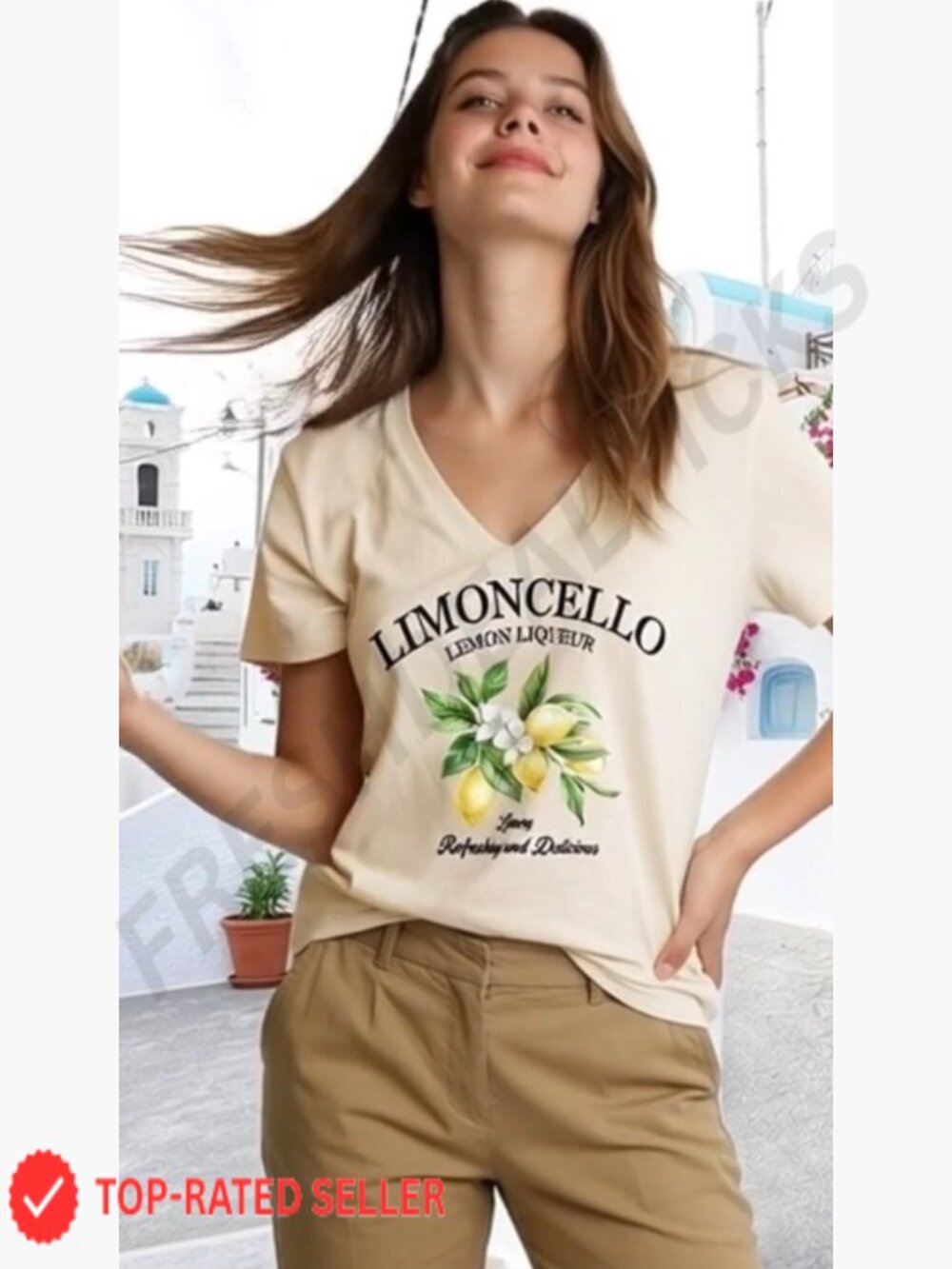 Lemon Graphic V Neck Short Sleeve Tee Cute Fun Loose Fit Casual - Picture 7 of 7